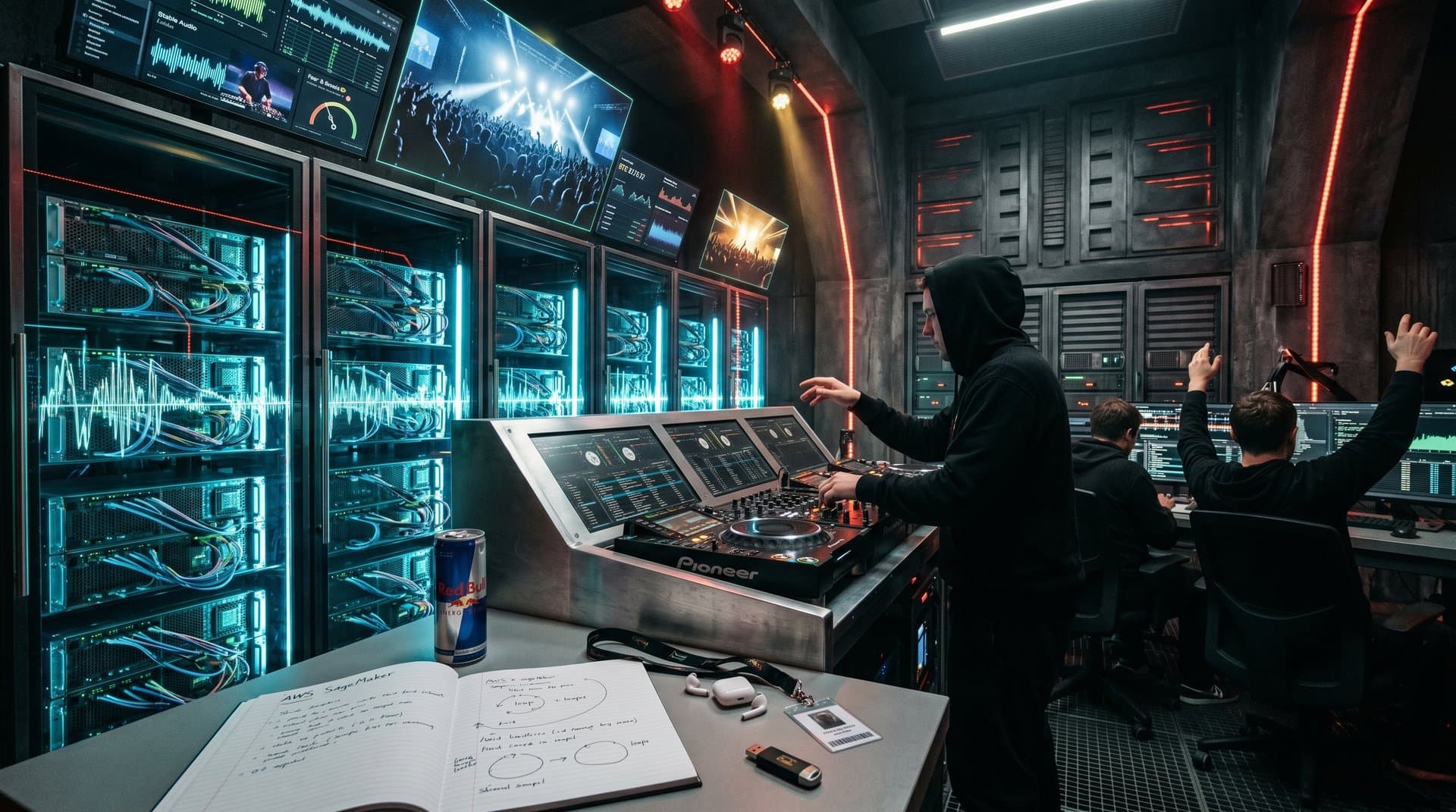 Hyperscaler data center with AI music waveforms and festival visuals for DJ revolution