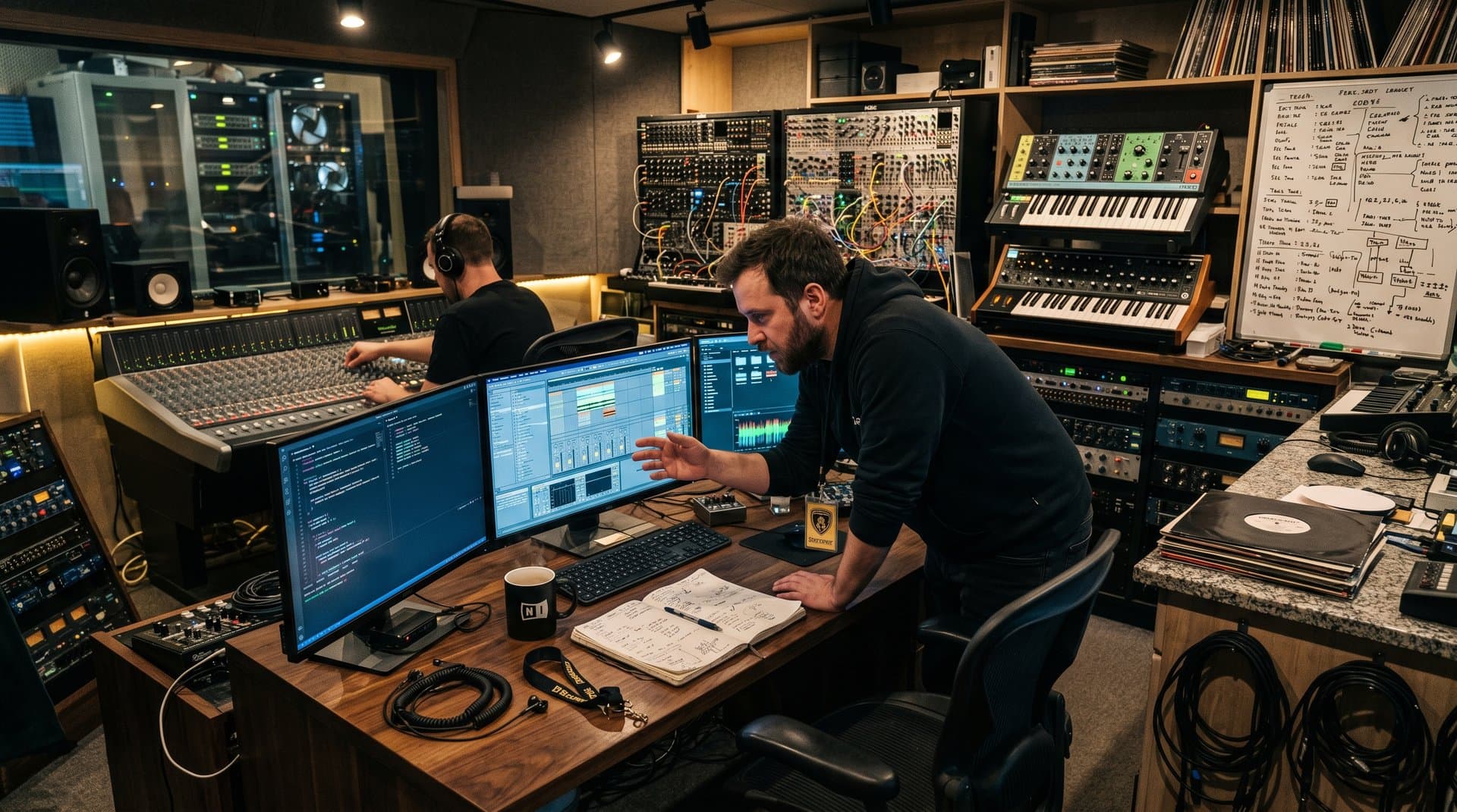 Warp Terminal auf Monitoren mit Ableton Live, Mixing Console und Synth-Racks in Berlin Studio