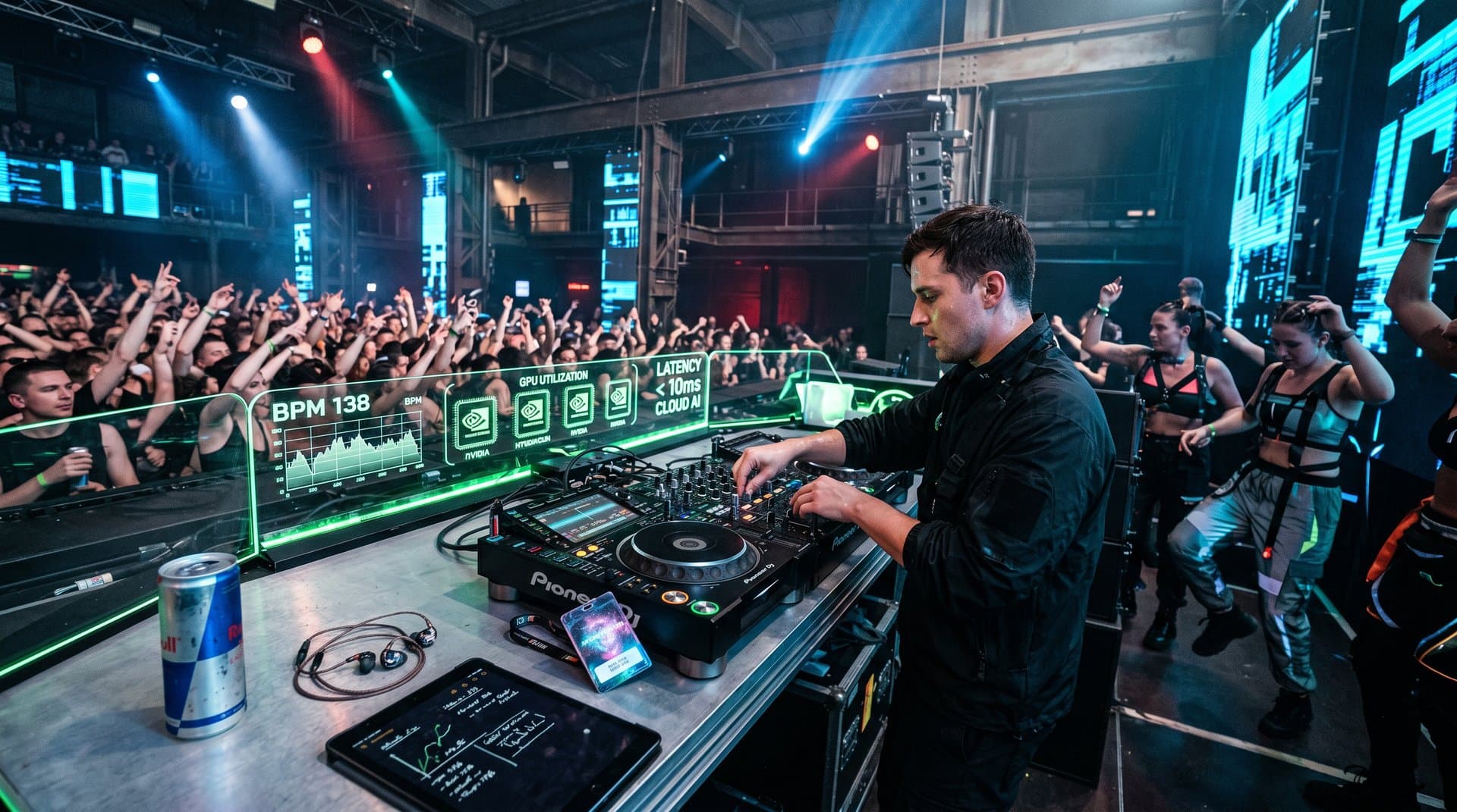 DJ booth with AI cloud integration at electronic festival, controllers synced to hyperscaler dashboards amid ravers