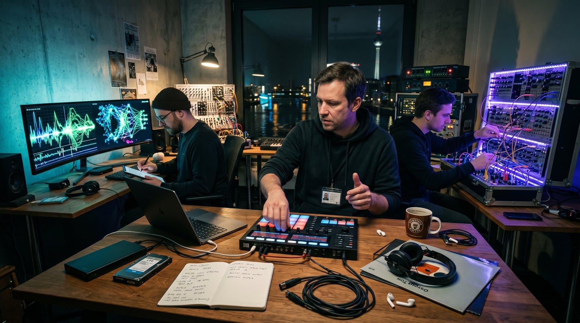 Produzenten und Ingenieure in Native Instruments Berlin Lab mit AI-Monitors, Controllern und Server-Racks bei Arbeit
