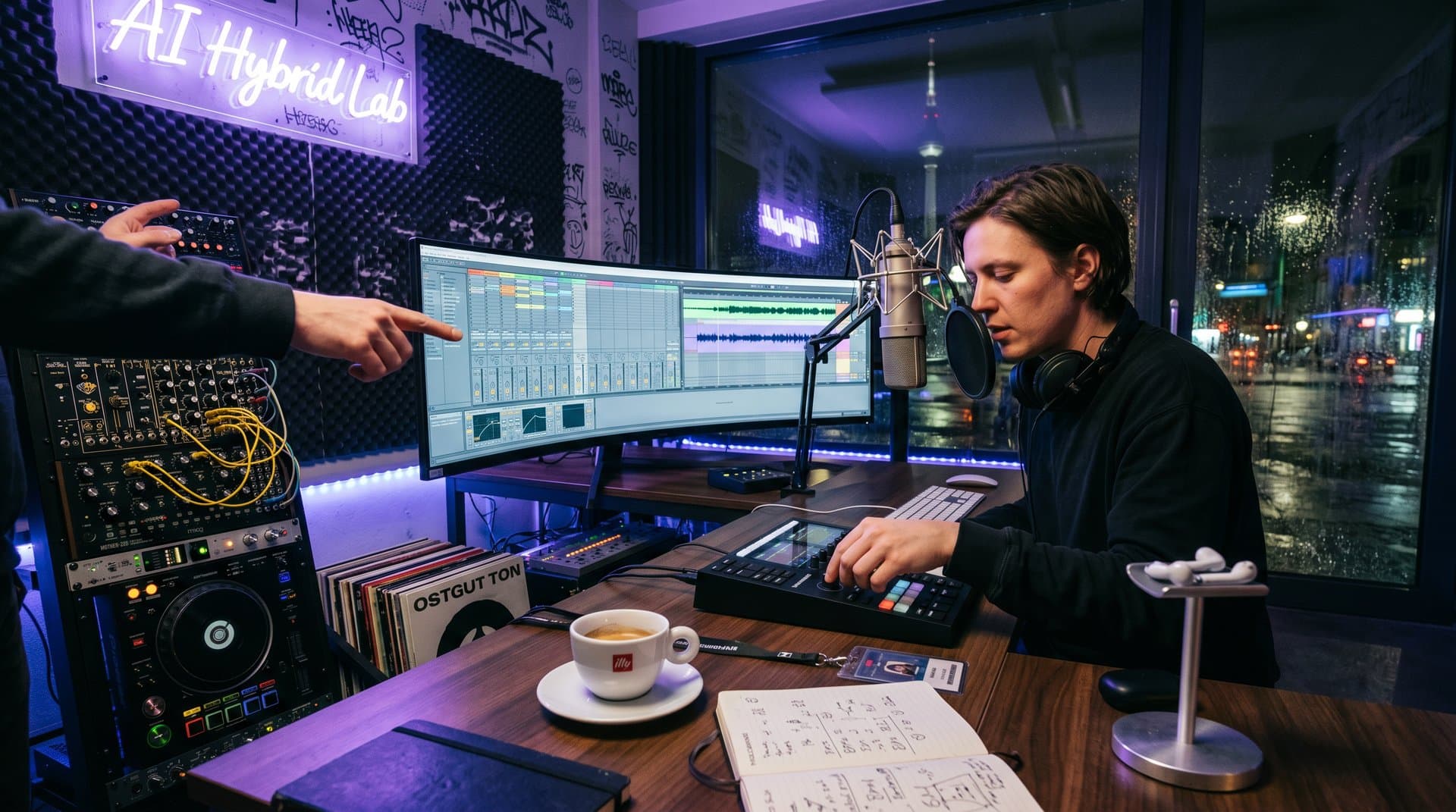 Producer am Studio-Desk mit AI-Software, Synths und Monitoren in modernem Berliner Musiklab bei Native Instruments