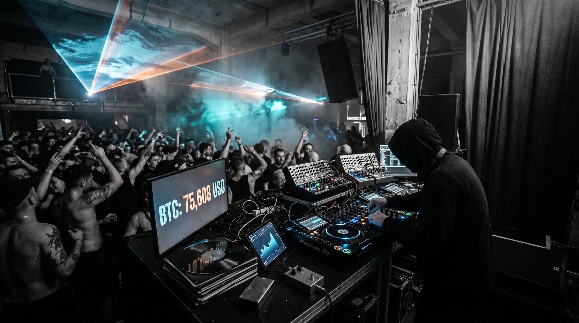 DJ-Pult in Techno-Club mit Krypto-Charts BTC 75k USD, ETH und Fear & Greed 26