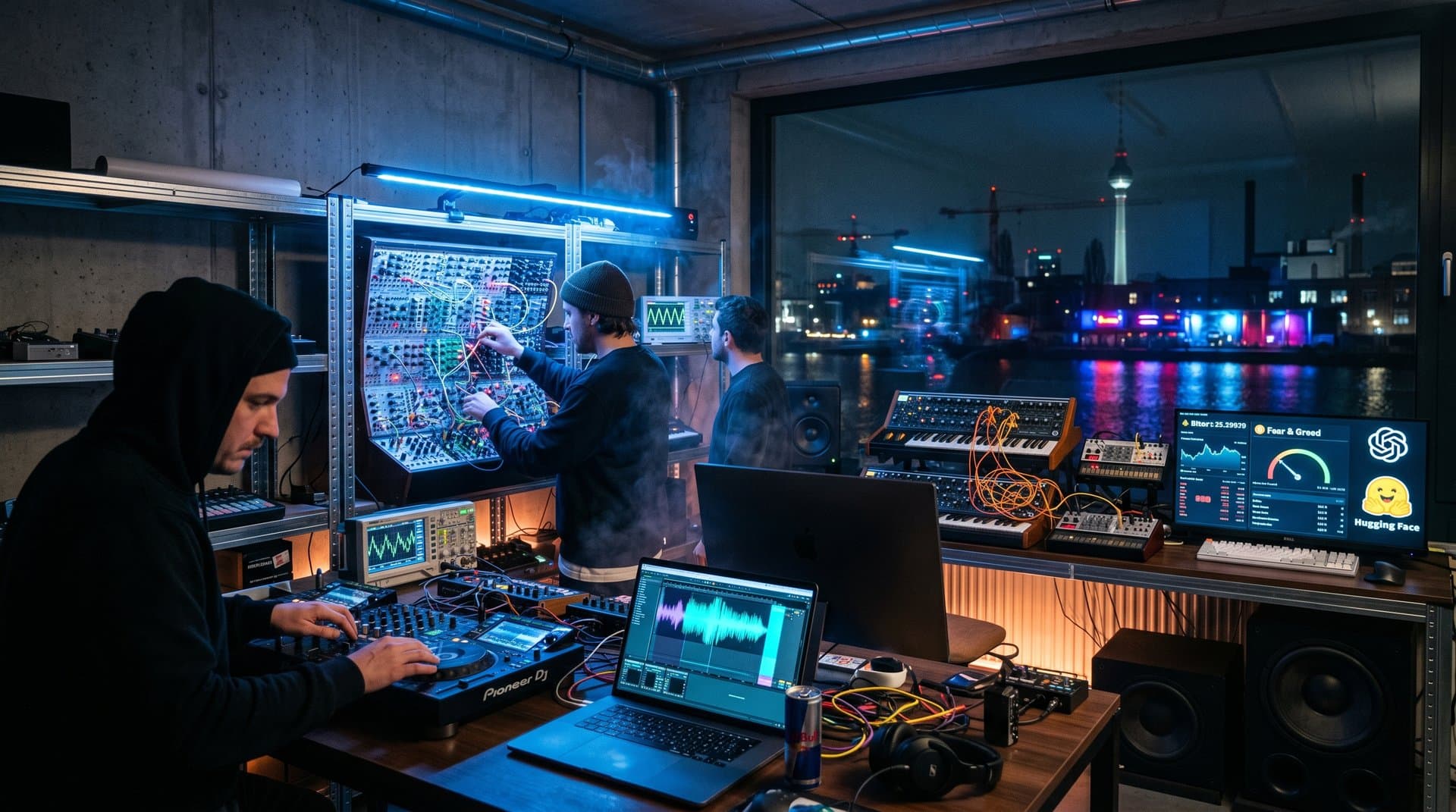AI-gestütztes DJ-Studio mit Controller, Synths und Waveform-Analyse in Berliner Techno-Atmosphäre