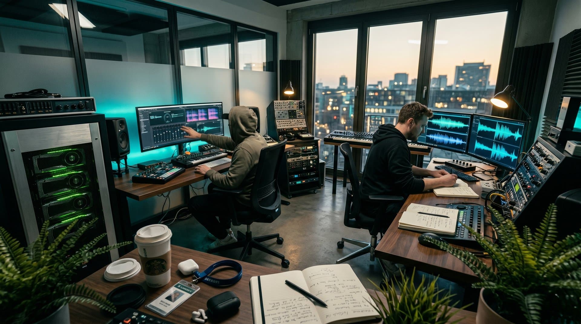 AI music production lab with NVIDIA GPUs and Tech-House waveforms on monitors in modern Berlin-style setup