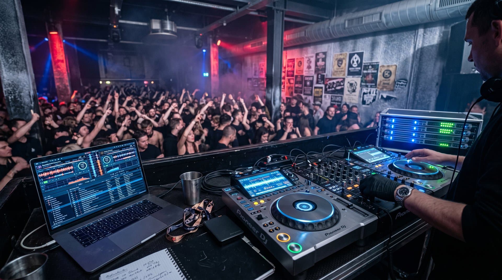 DJ-Booth mit Junior Banker AI Tool-gestützter Rekordbox-Analyse, BPM-Matching und Set-Optimierung in Berghain-ähnlichem Club