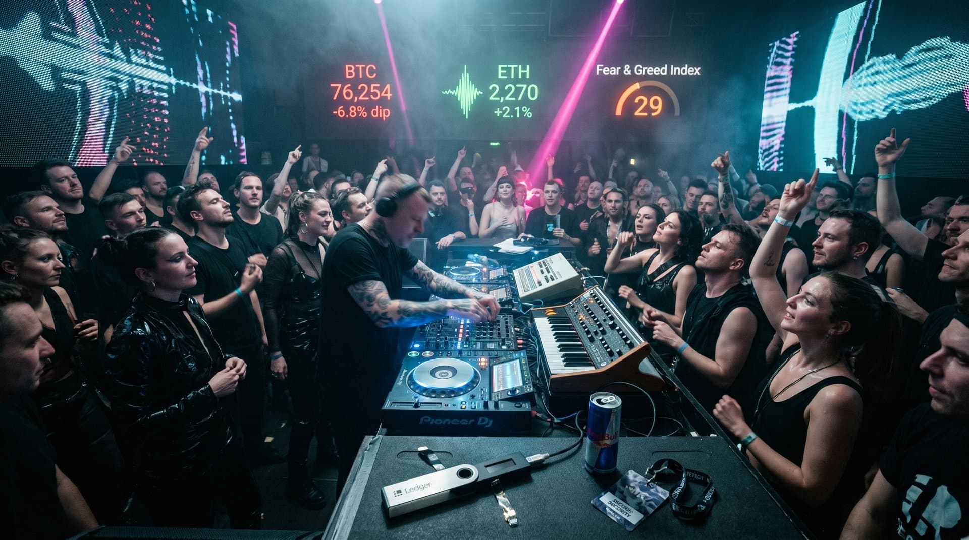 DJ-Booth mit holografischen Crypto-Charts, BTC 76k USD, Fear Index 29, Laserlichter in Berliner Club, Electronic-Music-Finance-Fusion