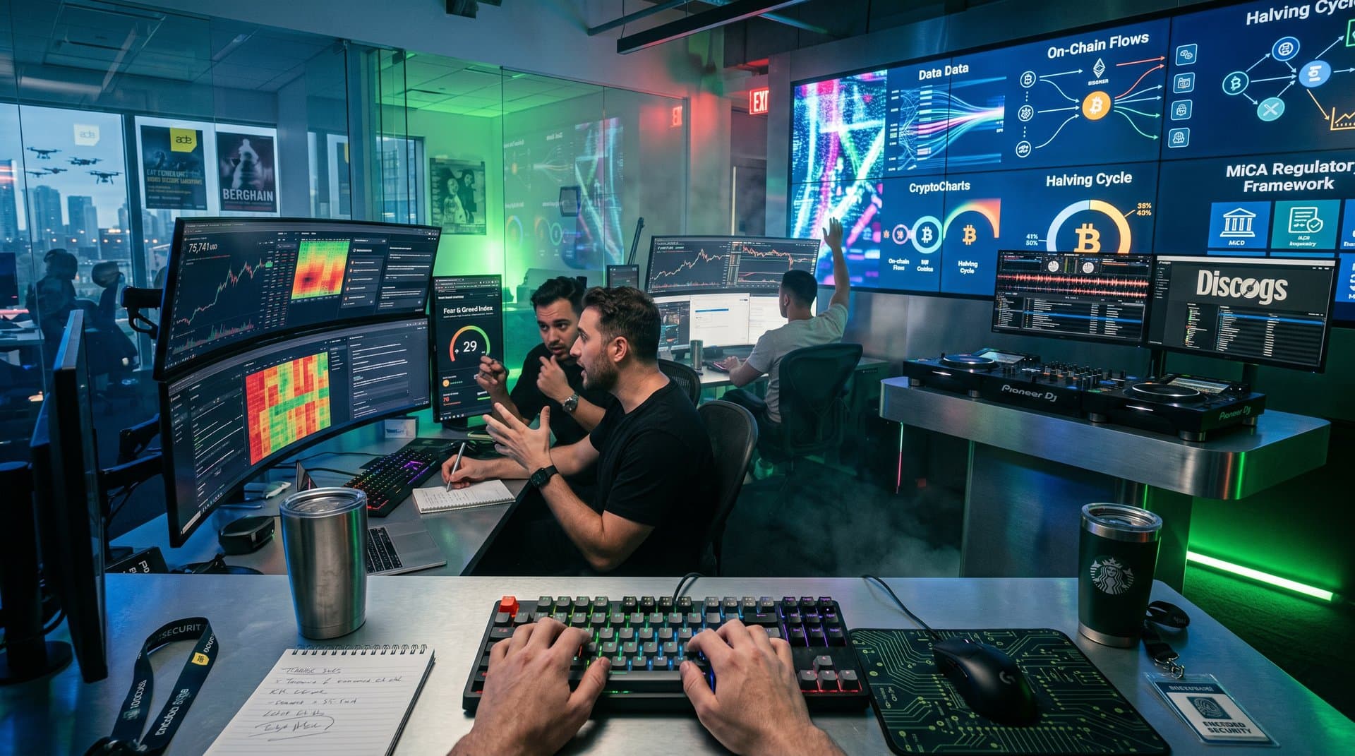 Cyberpunk Trading Hall mit AI-Dashboards, Crypto-Charts und DJ-Setup-Elementen