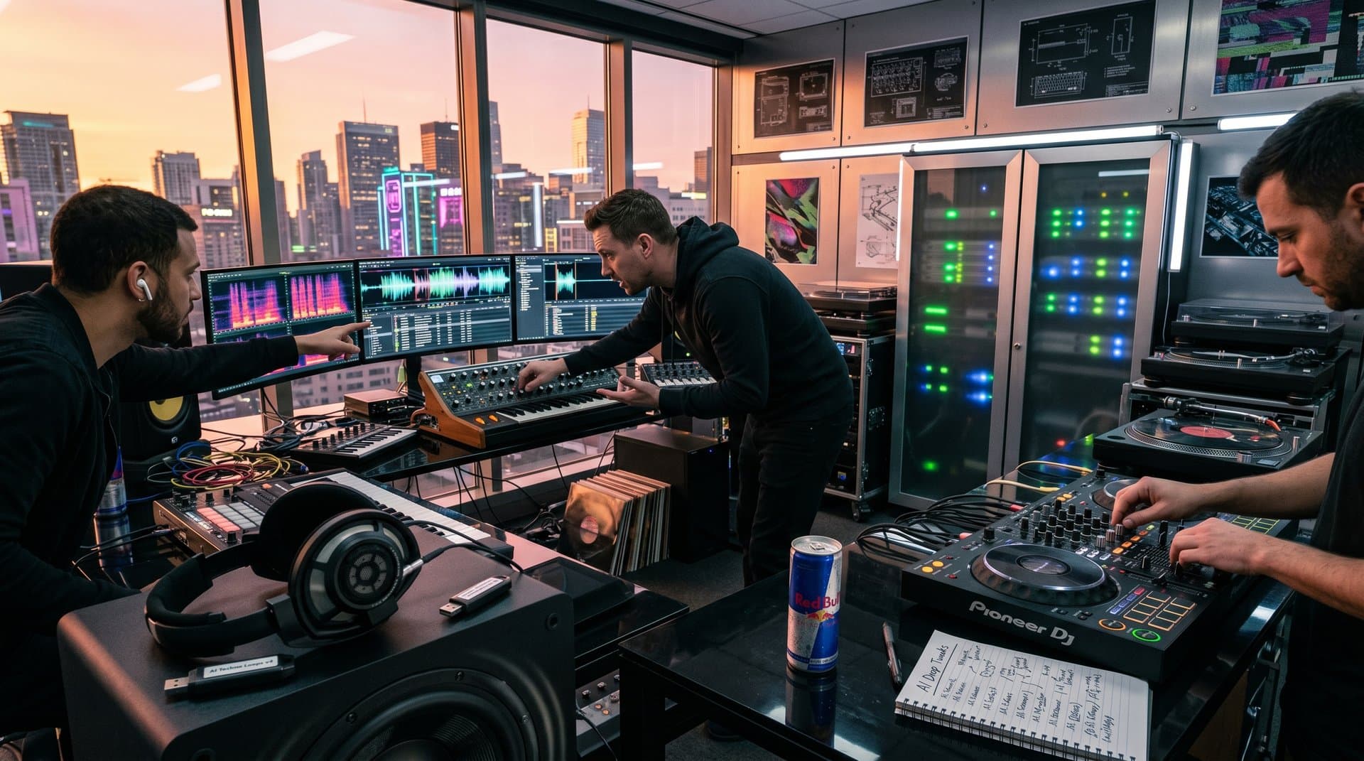 AI waveforms and electronic music production gear on desks with glowing monitors and synthesizers in neon-lit studio