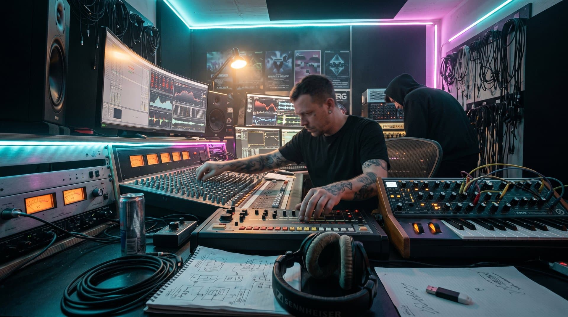 Techno-Studio mit AI-Kontrollen, analogem Equipment und Crypto-Charts