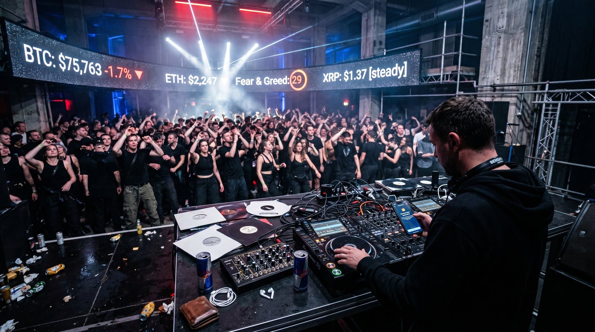 DJ in Techno-Club mit Krypto-Charts: BTC 75.763 USD, ETH 2.247 USD, Fear & Greed 29, Berghain-Atmosphäre