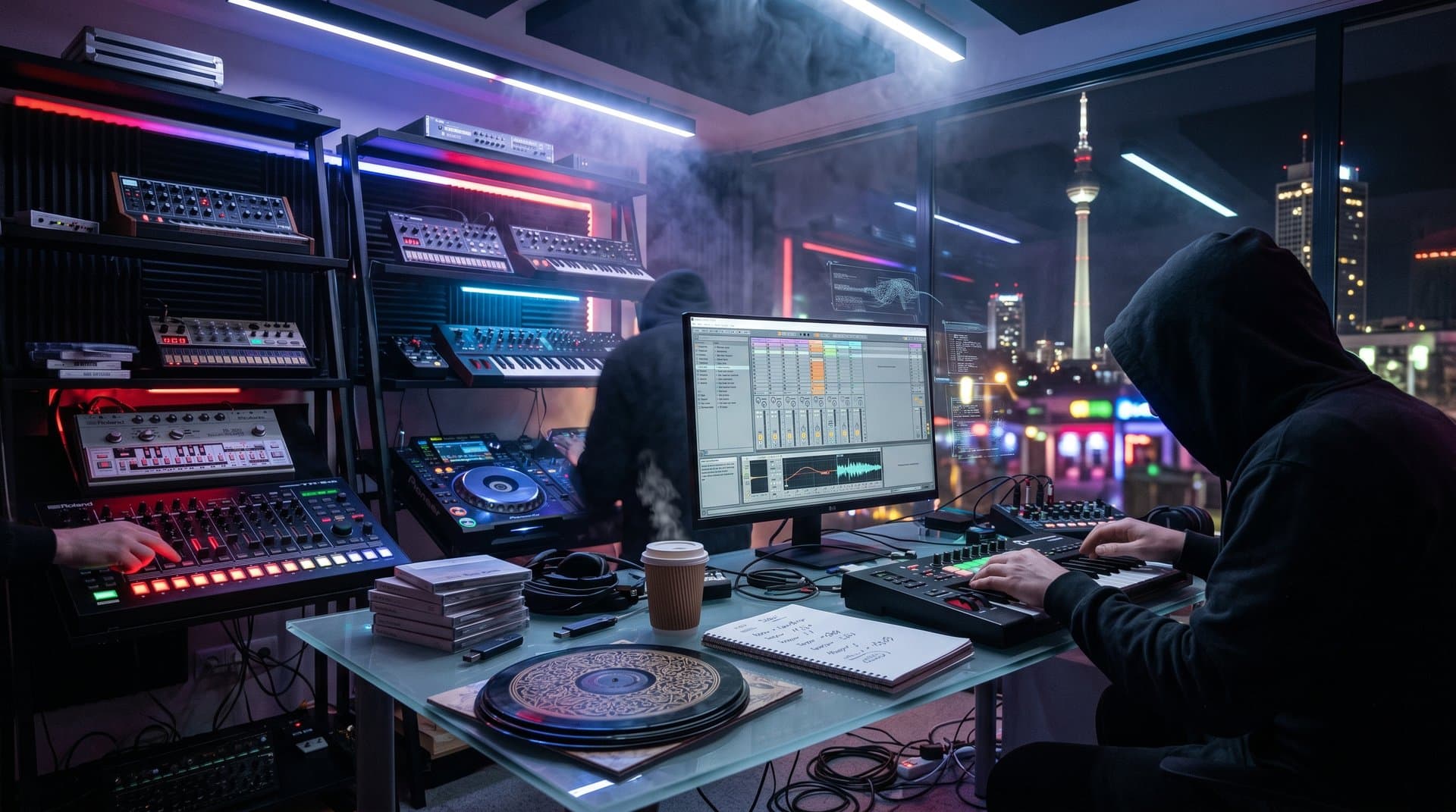 DJ-Producer in Berliner Studio testet AI-generierte Wellenformen mit Electronic-Gear und Omer-Adam-Referenzen