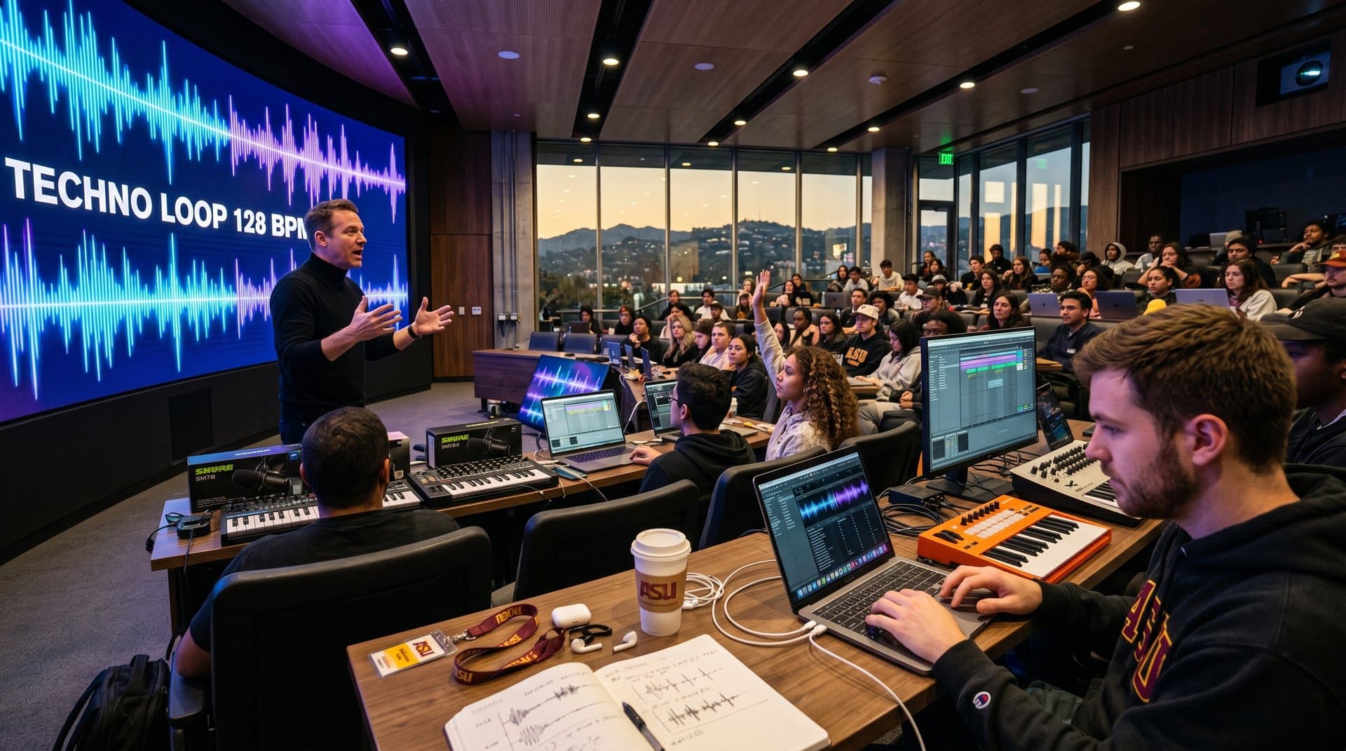 Dynamisches Auditorium ASU Hollywood mit Lecturer vor AI-Waveform-Screens, Studenten mit Laptops und MIDI-Controllern