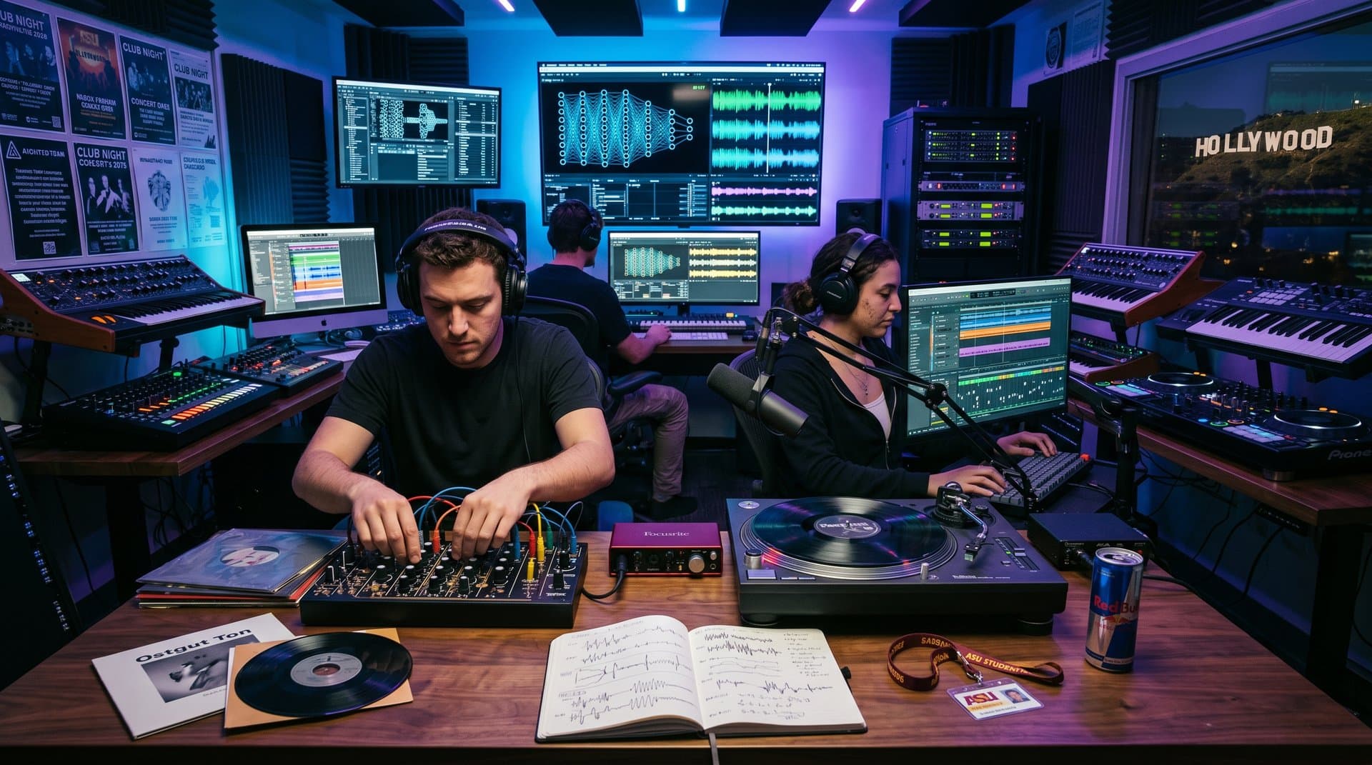 AI-Musikstudio ASU Hollywood mit 128 BPM Waveforms, Synthesizern und DJ-Equipment