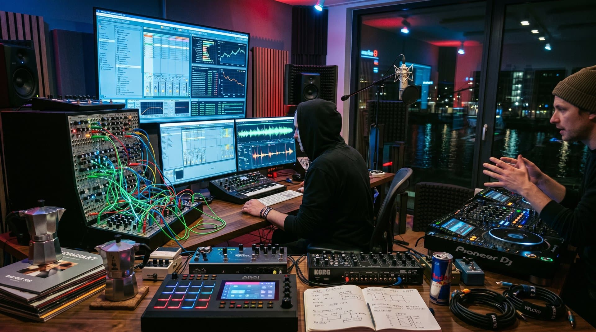 Berliner Studio mit AI-Detektoren, Modular-Synths, CDJs und Blockchain-Tools unter dramatischem LED-Licht