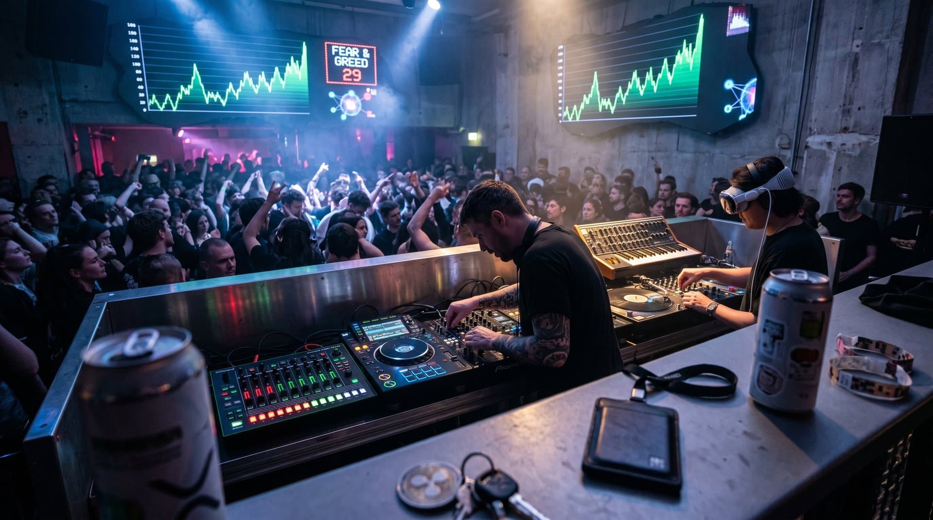 Futuristisches DJ-Setup im Metaverse mit VR-Gear, Krypto 2500% Charts und neonbeleuchteter Techno-Rave-Arena