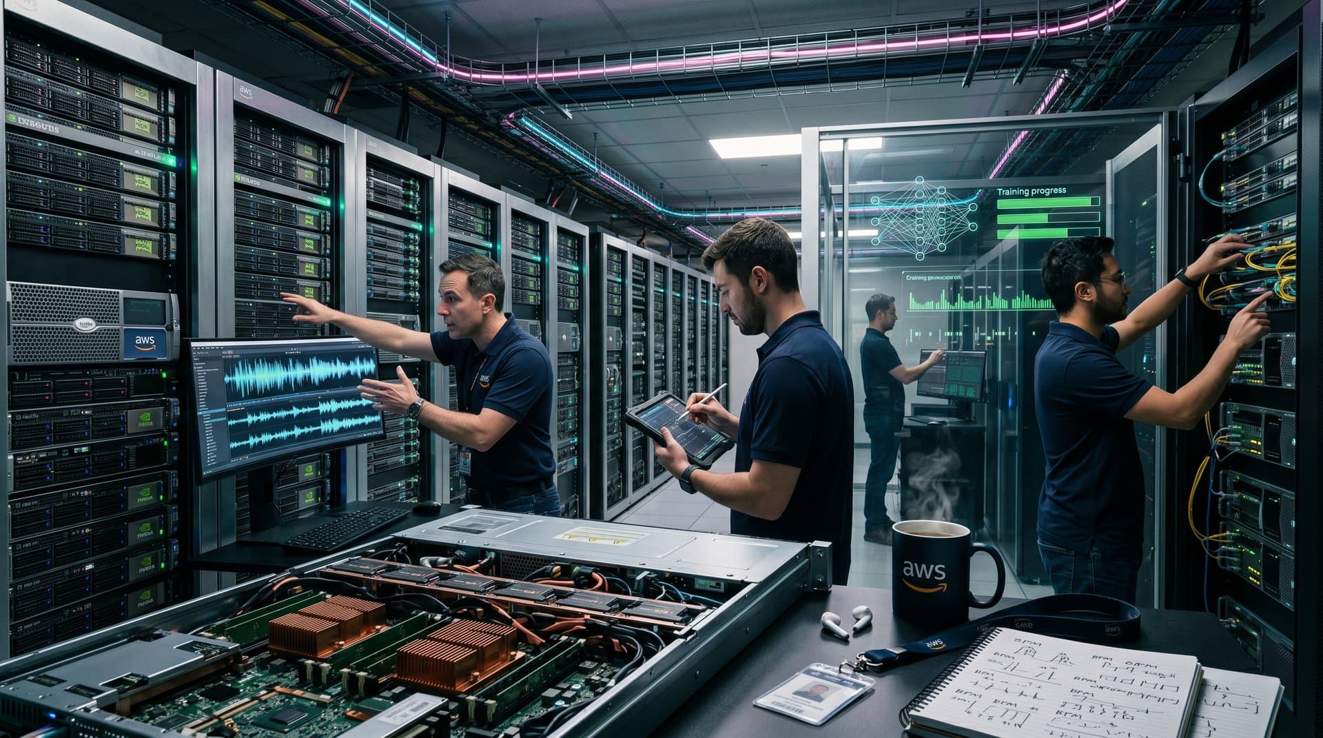 AWS-Rechenzentrum mit AI-Musik-Waveforms auf Monitoren und leuchtenden Server-Racks