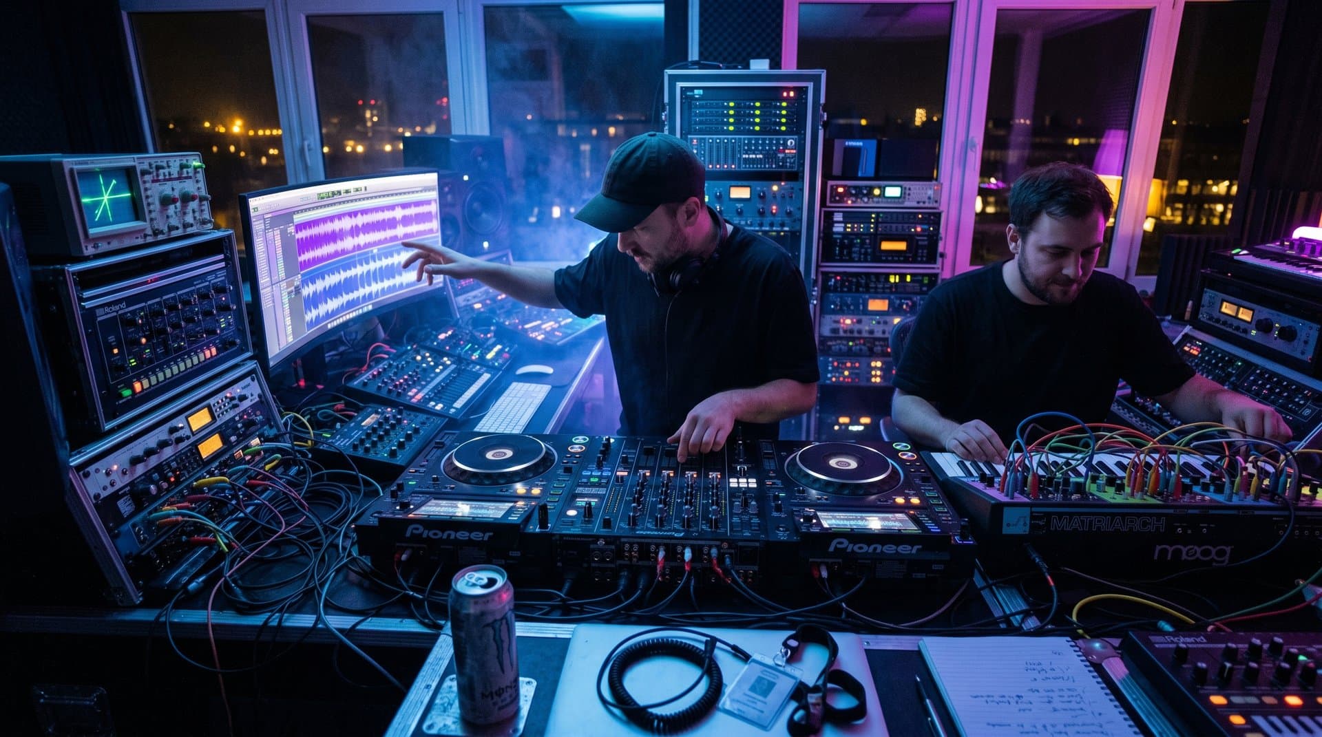 Futuristisches Studio mit AI-Wellenformen, DJ-Pult und Synthesizern in Techno-Ästhetik
