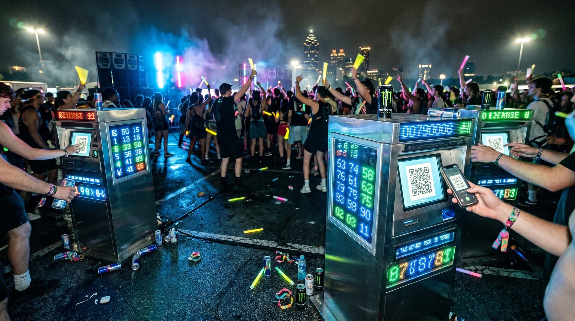 Fake Crypto-Kiosk auf Rave-Parkplatz bei Georgia EDM-Festival mit Neonlichtern