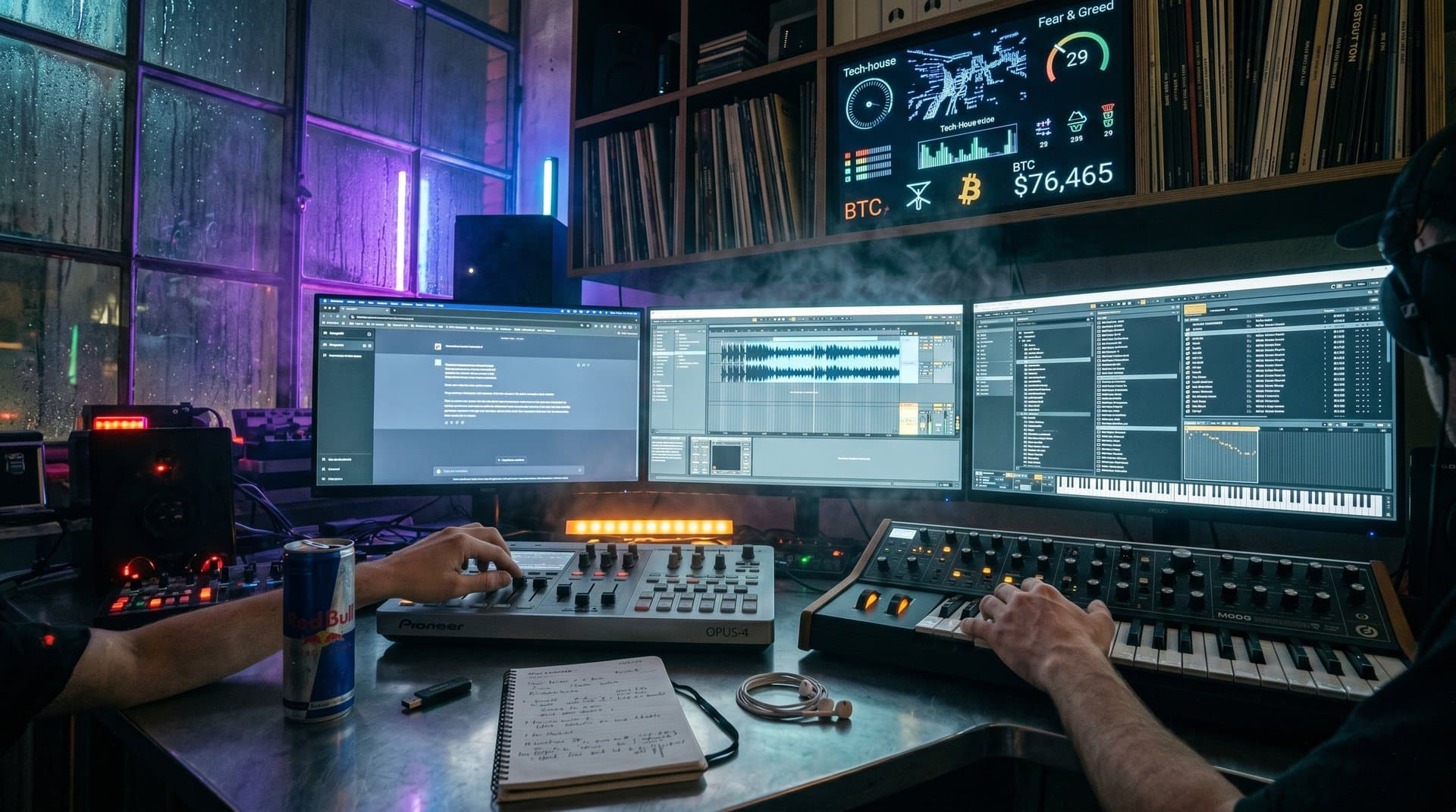 Berliner DJ-Studio mit unzuverlässigen freundlichen KI-Chatbots, Ableton-Screens und Pioneer-Equipment vor Tech-House-Waveforms