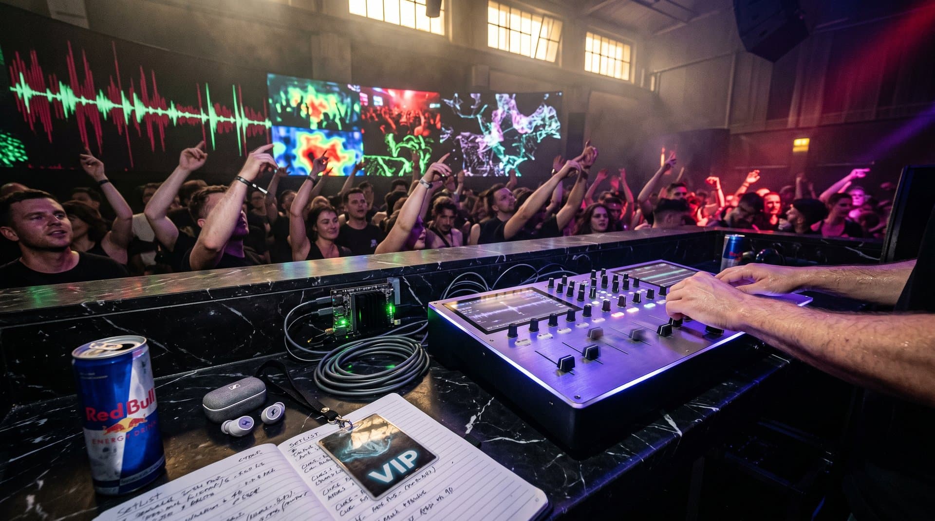 Futuristischer DJ-Controller mit physischer AI, leuchtende Knobs und Displays mit Waveforms in Neon-Lichtern