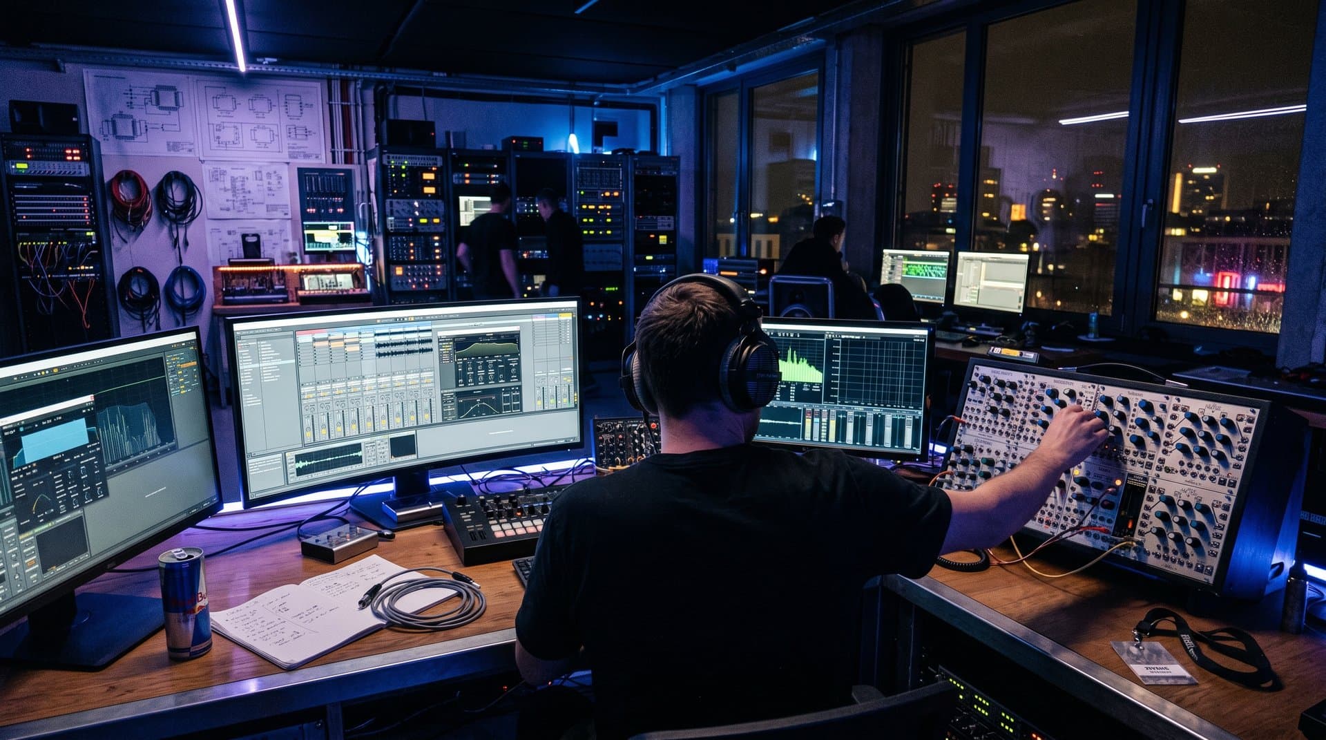 Futuristisches AI-Musikstudio mit Waveform-Editoren, Synths und Electronic-Design
