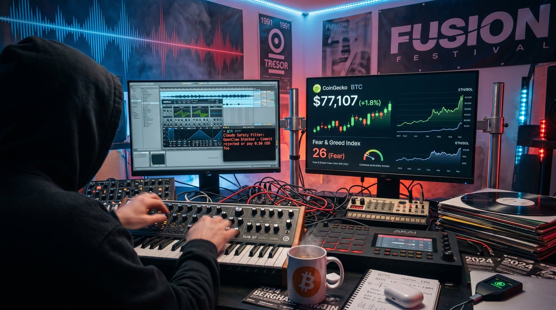 Berliner Producer-Studio mit Git-Error durch KI-Coding-Tool Claude, Ableton und BTC-Chart unter Neon-Lichtern