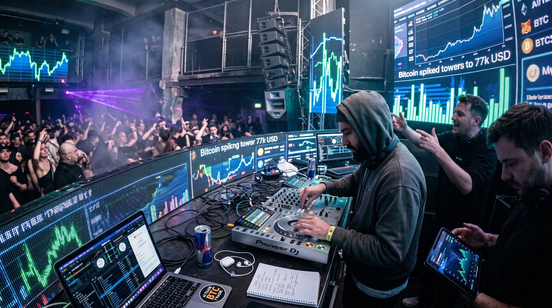 DJ-Booth mit Crypto-Charts, NFT-Drops und AITRADEBTC-Dashboard in Techno-Club