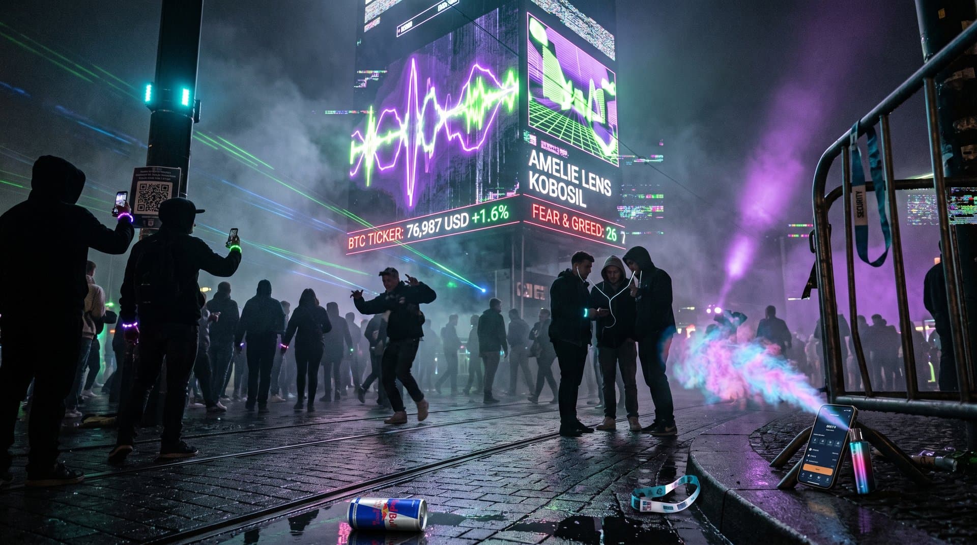 Dynamisches LED-Billboard in Berlin mit EDM-Waveforms, BTC-Preis 76.987 USD und Festival-Lineup, Crowd-Silhouetten