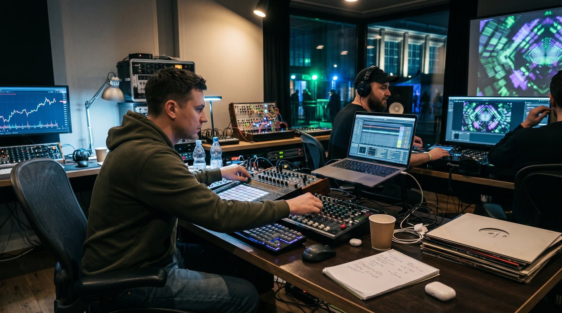 Produzent in modernem Ostgut Ton Studio justiert AMD-Laptop für DJ-Set inmitten Synths, Monitore und Crypto-Charts unter LED-Lichtern