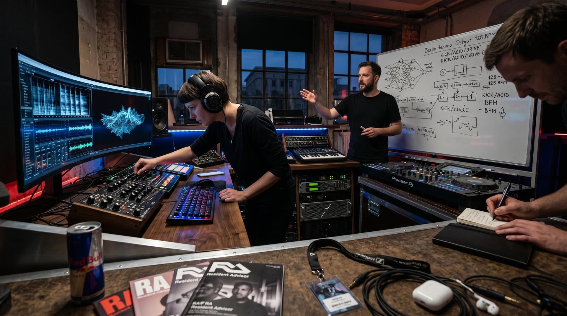 KI-Musikproduktions-Labor mit Wellenformen, Spektrogrammen und Techno-Prompts auf Monitoren