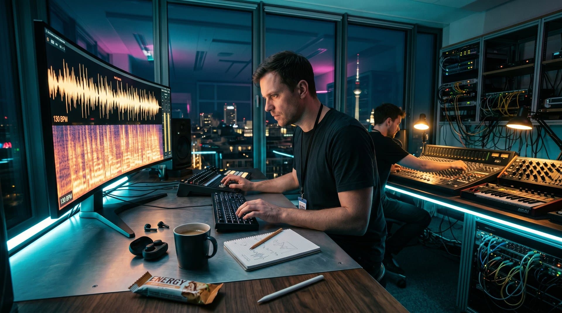 AI-Musikstudio mit Spektrogrammen, Synthesizern und Berlin-Skyline für Electronic-Produktion