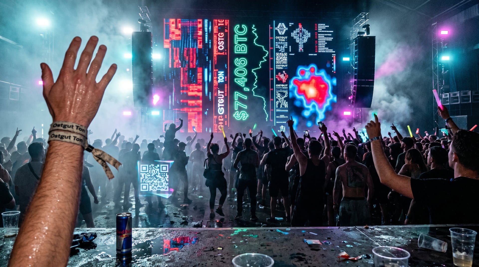 AI OOH Billboard bei EDM-Festival mit Techno-Waveforms, BTC-Overlay und Neon-Effekten