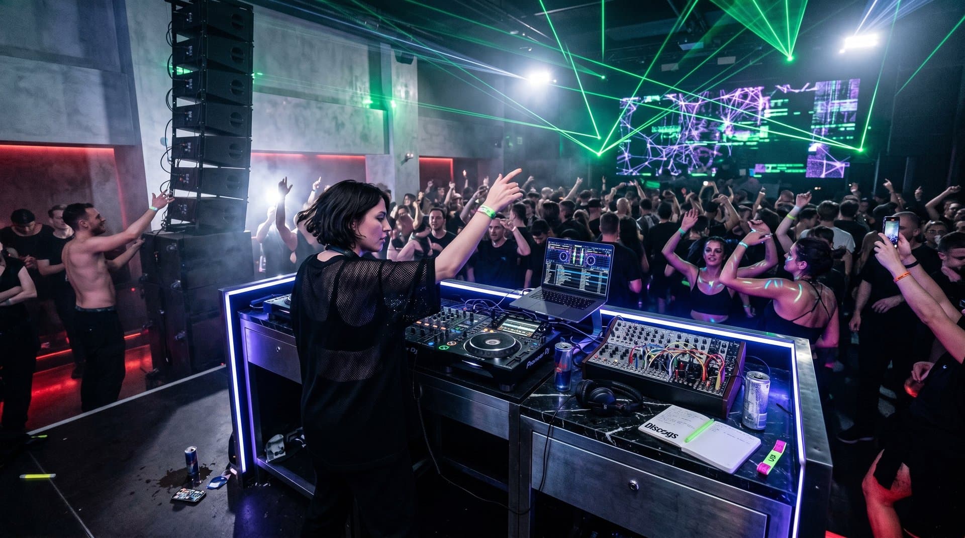DJ-Booth in Techno-Club mit KI-generierten 128 BPM Waveforms auf Laptop und Pioneer CDJs