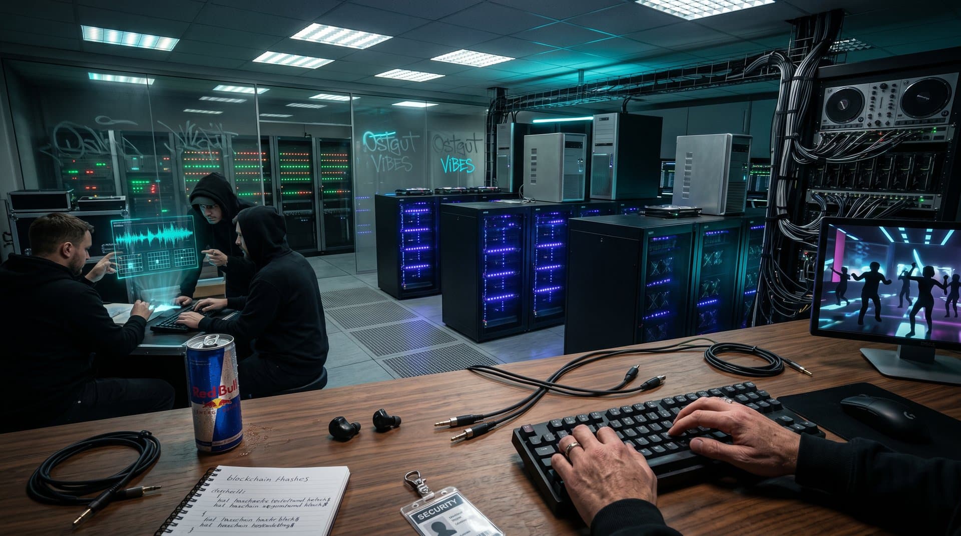 Crypto-Mining-Rigs in modernem Datacenter mit EDM-Tech-Elementen für Metaverse-Raves