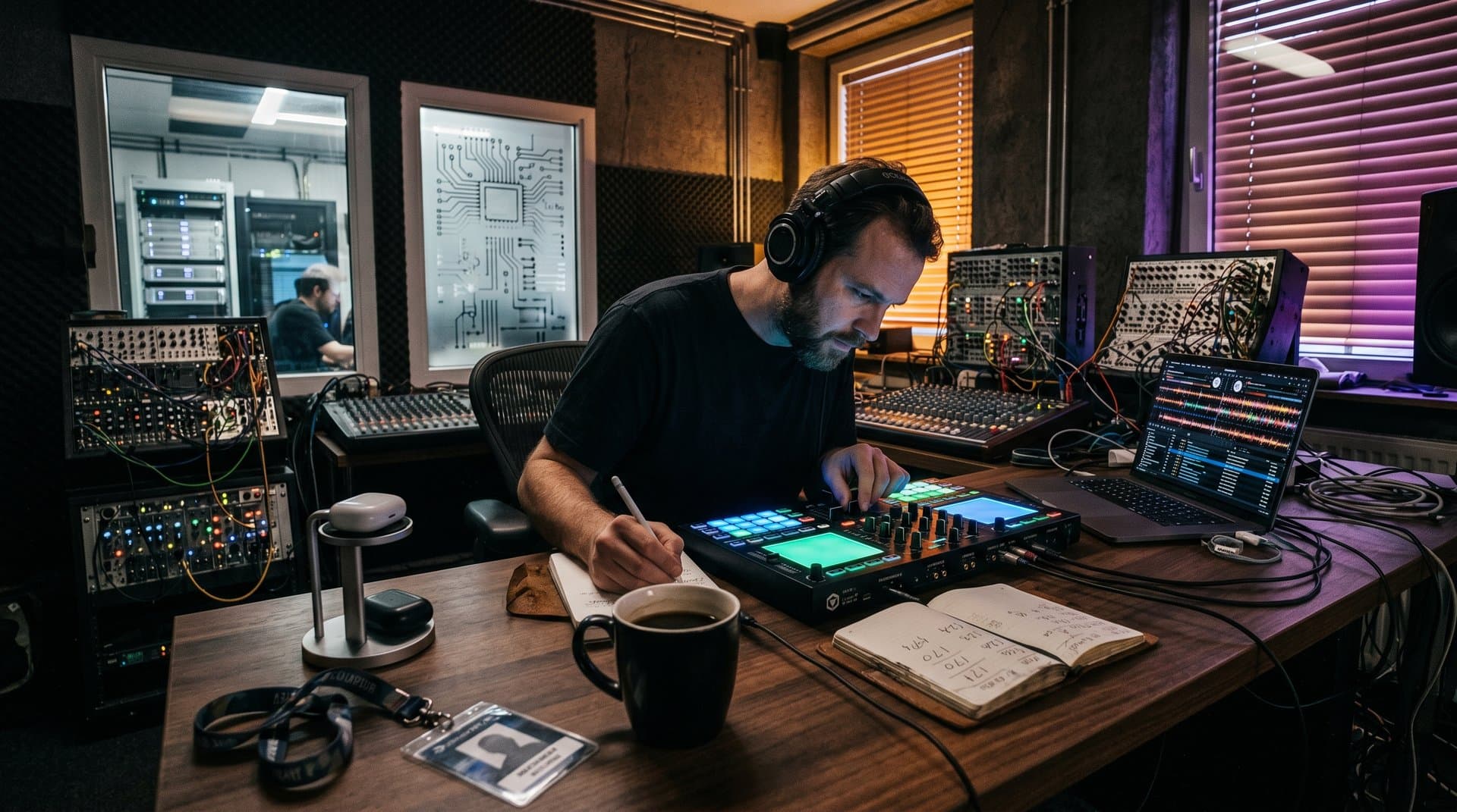 DJ-Controller mit AMD AI-Chip in Berlin-Studio: Waveforms, Synths und LED-Racks in tech-lastiger Atmosphäre