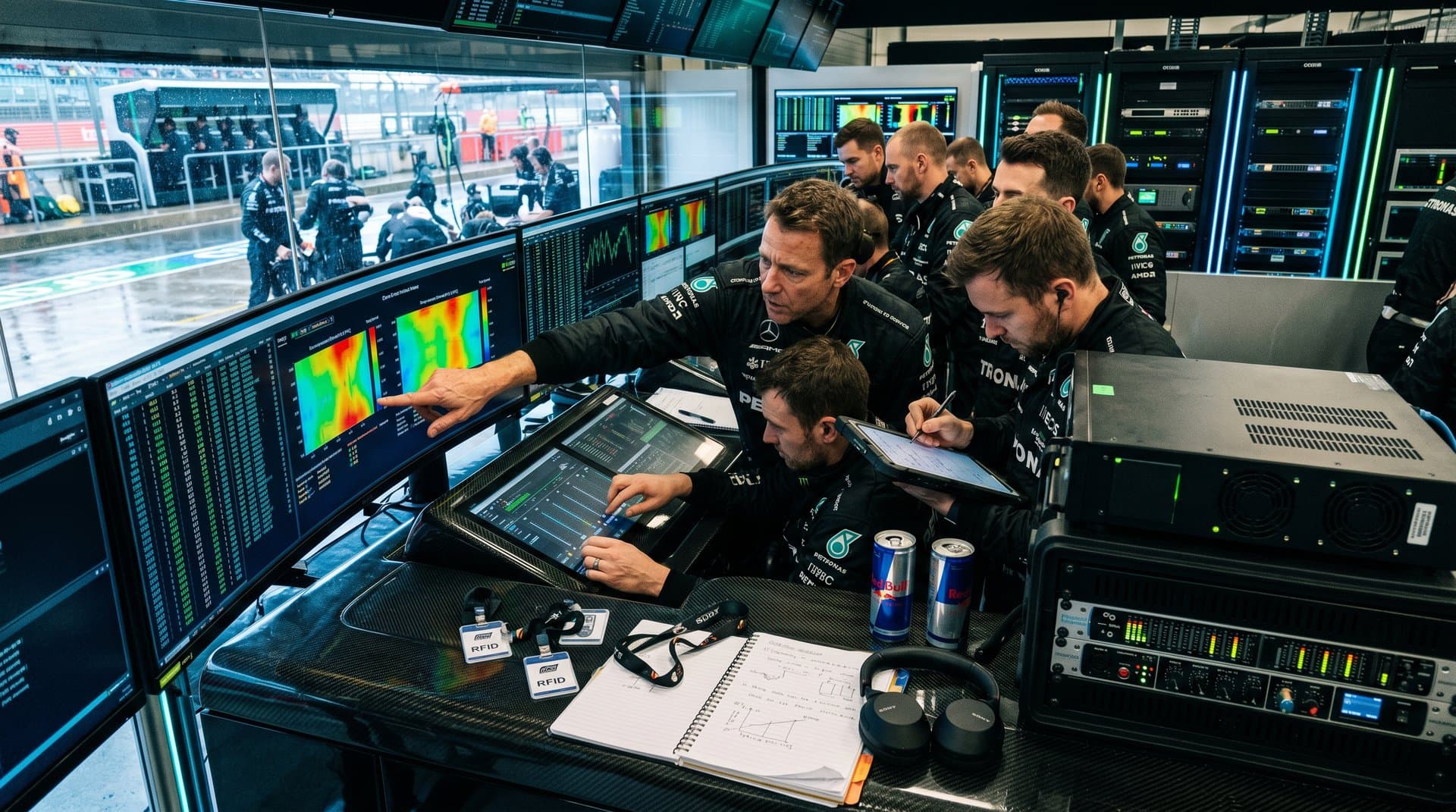 F1-Pitlane mit KI-Telemetry und DJ-Equipment: Monitore zeigen Heatmaps neben Pioneer CDJ und Server-Racks