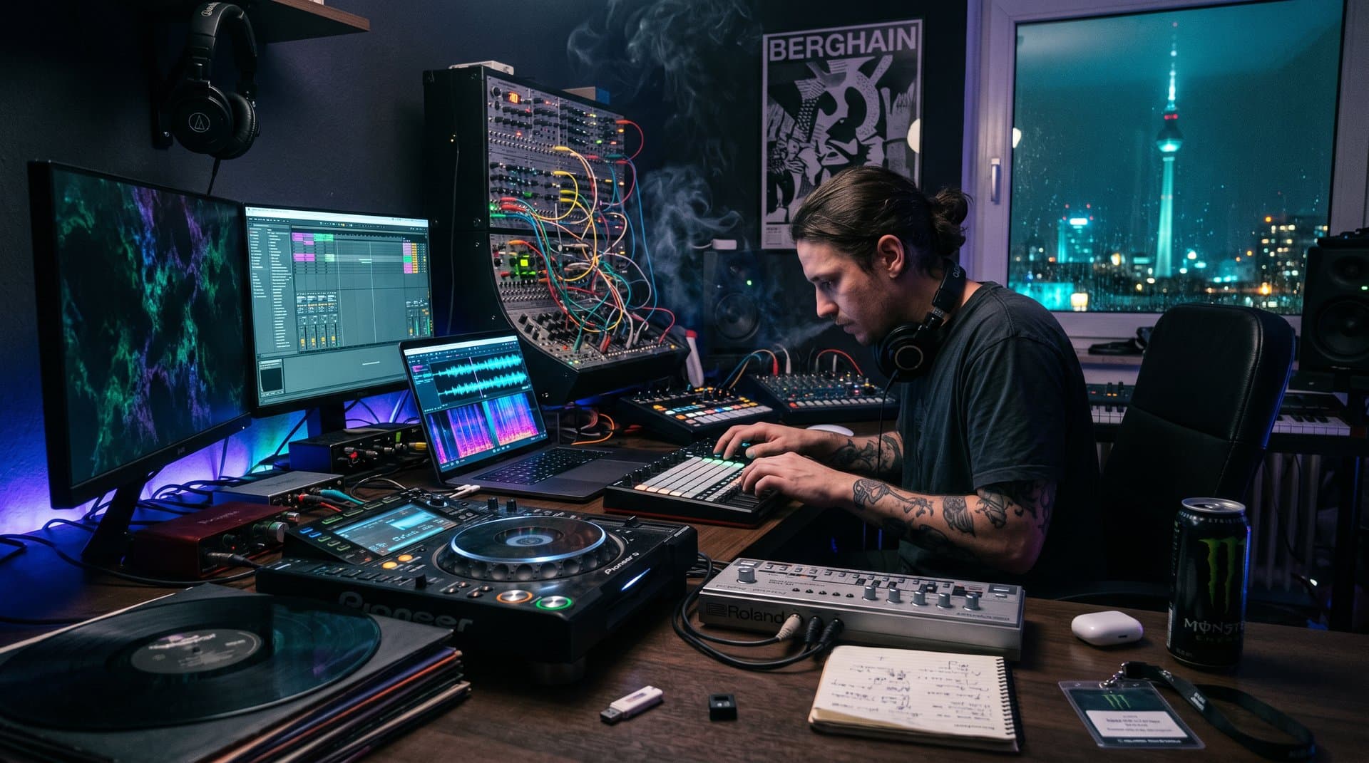 Berliner DJ-Studio mit KI-Musikrevolution-Tools, Ableton, CDJ-3000 und 128 BPM Techno-Waveforms