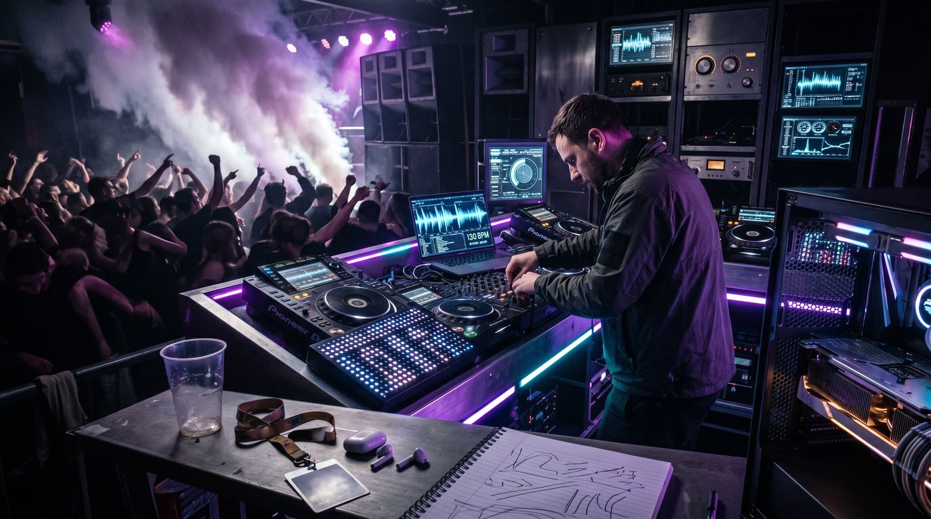 DJ-Pult mit NVIDIA AI-Tools in Techno-Club, Waveforms und LED-Lichter