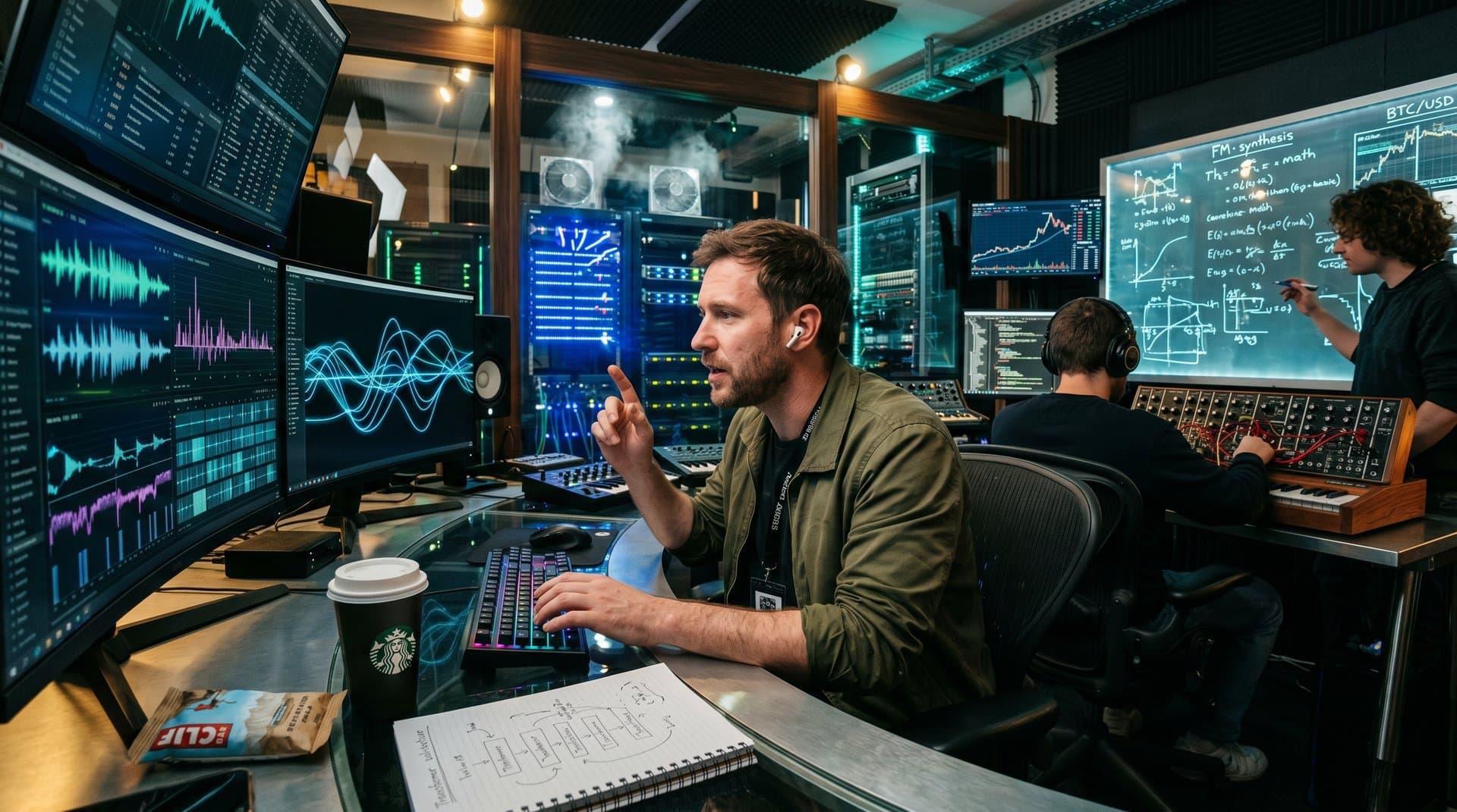 KI-Lab mit Techno-Wellenformen, Server-LEDs, Algorithmen-Skizzen und Crypto-Charts