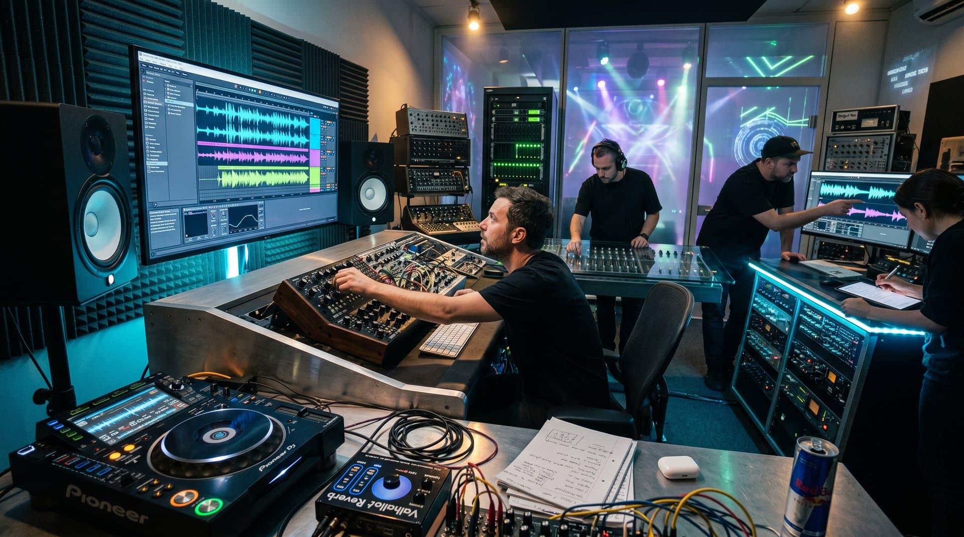 Futuristisches Studio mit AI Musikproduktion: Ableton, Udio-Wellen, Moog-Synth, Techno-Visuals (72 chars)