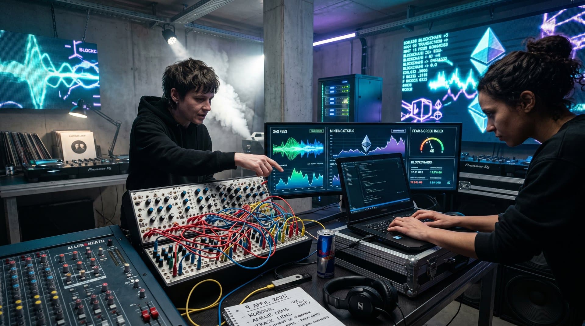 Techno-Studio mit Synth-Racks, Solidity-Code und Blockchain-Displays in Berghain-Ästhetik