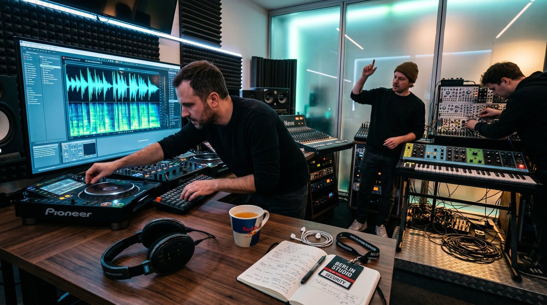 AI-Musikproduktionsstudio mit Spectrogrammen, CDJs, Synths und Neve-Console unter LED-Licht