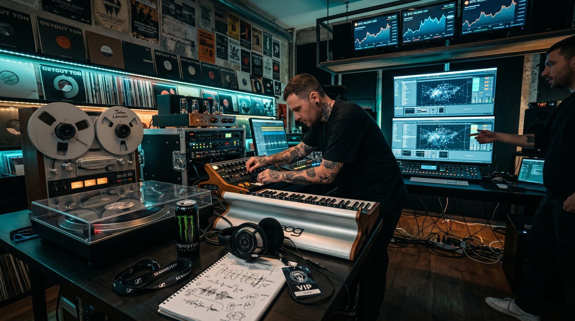 DJ-Studio mit KI-Musiksoftware, Lennon-Tape und Crypto-Charts im analog-digitalen Kontrast