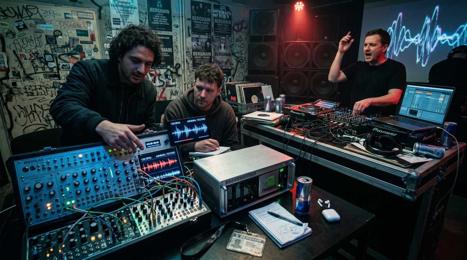 Techno-Studio mit KI-Synthesizern, DJ-Pult und GPU-Racks in cyberpunk-Atmosphäre
