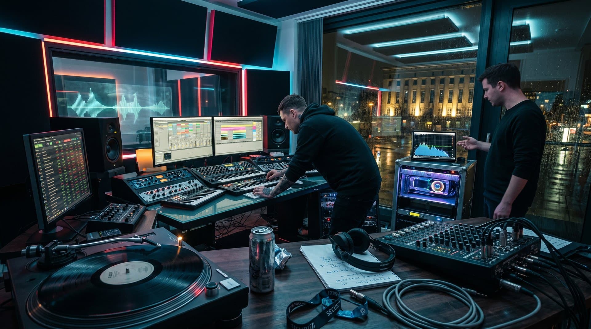 Berliner Techno-Studio mit KI-Aktien DJ Tools, Nvidia-GPU, BTC-Ticker und AI-Waveforms