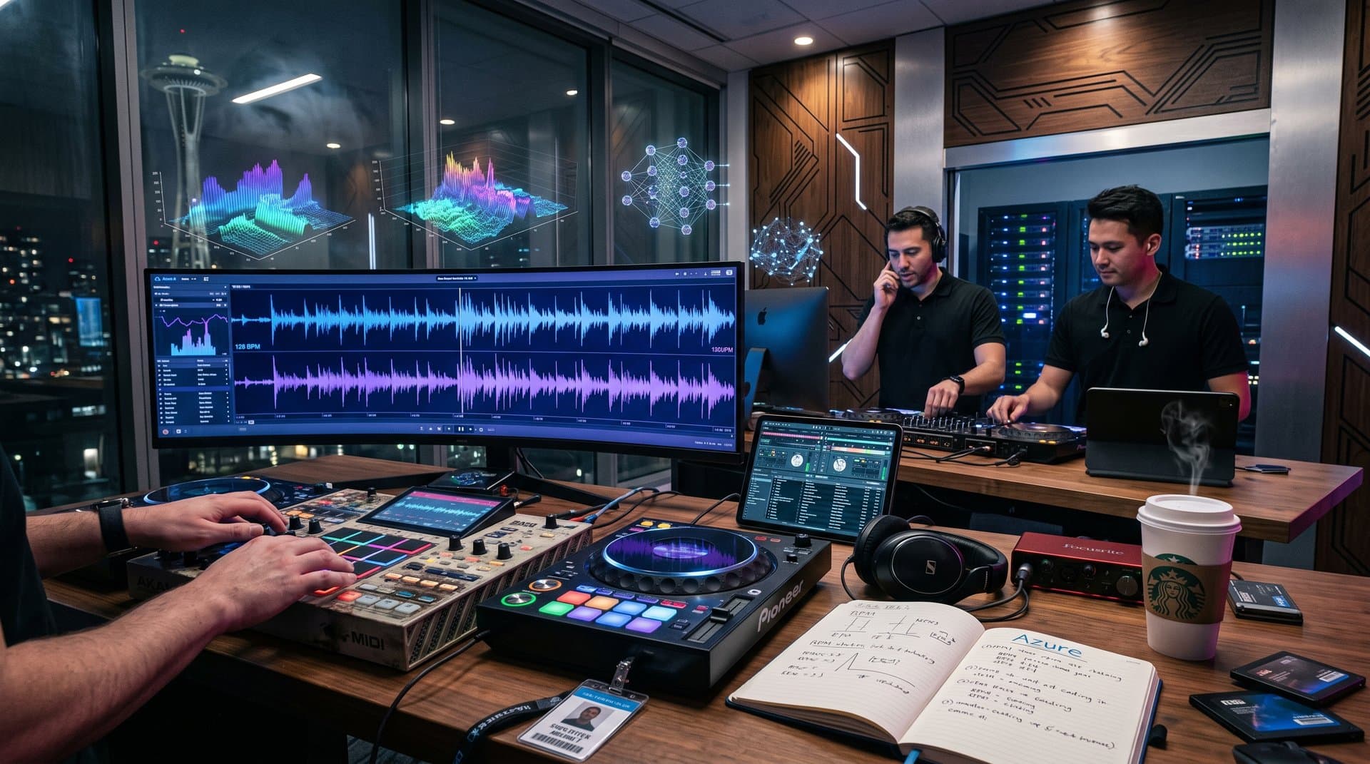 Azure AI-Labor mit Waveforms, Beat-Generierungen, MIDI-Controller und Hologrammen in premium Tech-Umgebung für Electronic Musik