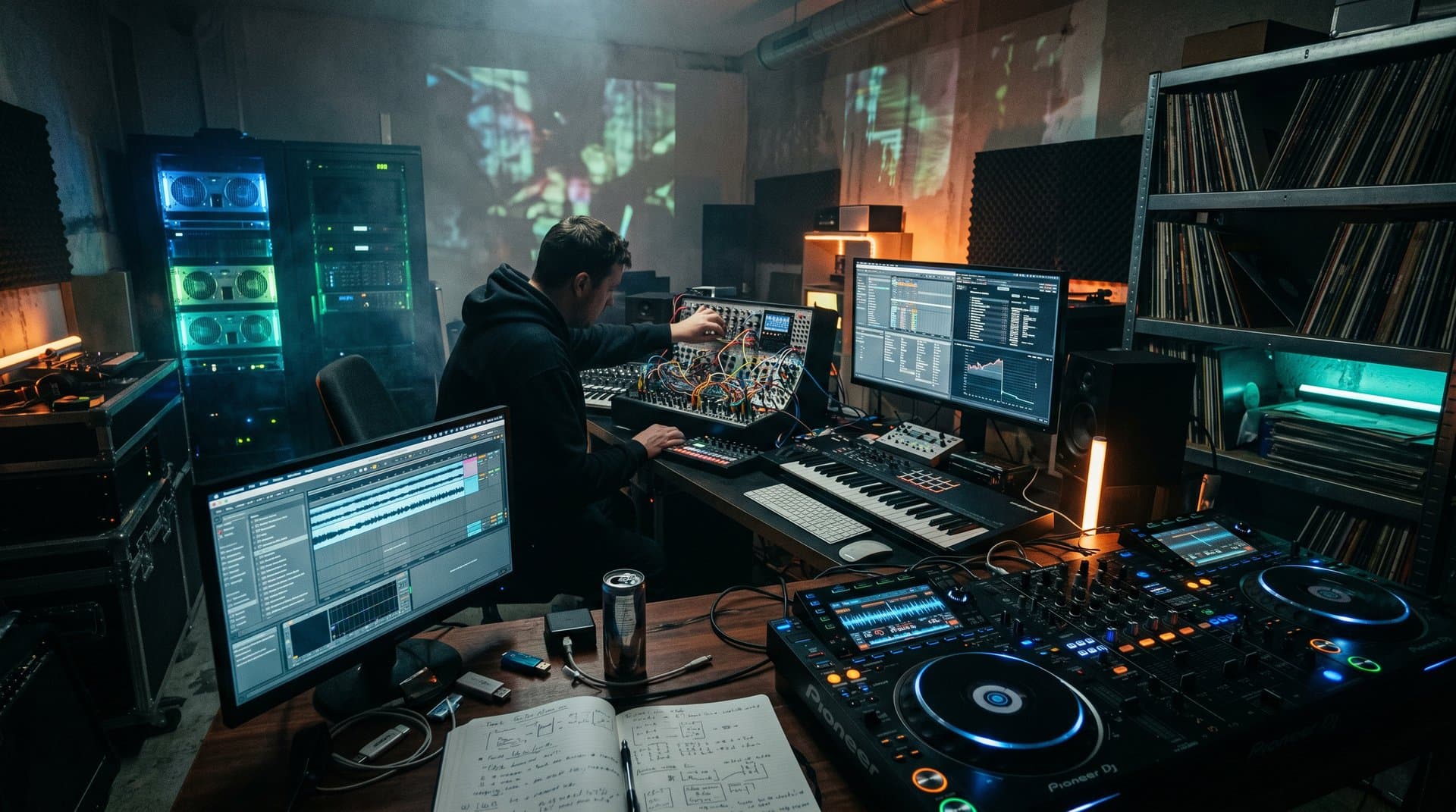 Berliner Studio mit Synthesizern, CDJs und KI-Musiksoftware für DJ-Produktion