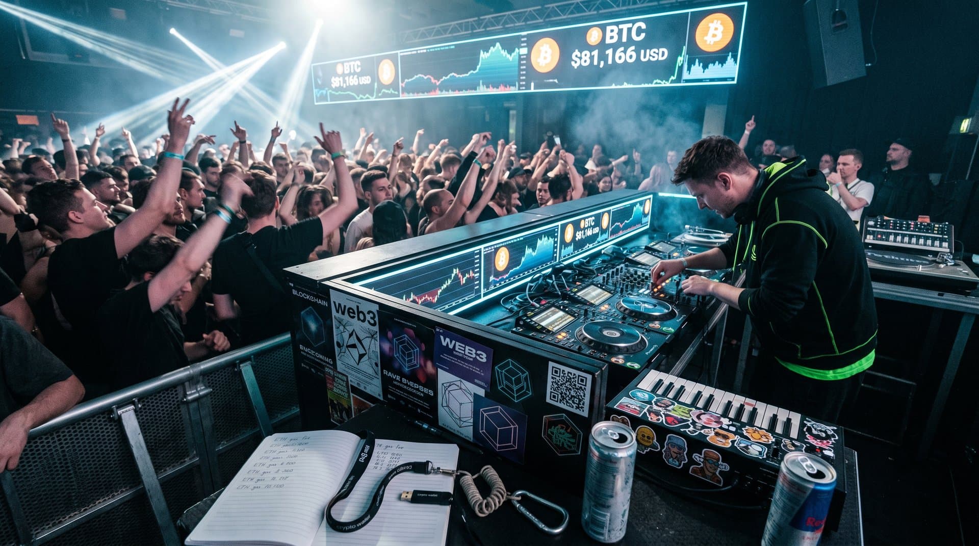 DJ-Booth mit Bitcoin-Charts bei 81k USD, NFT-Equipment und Web3-Rave-Elementen in Berliner Club-Atmosphäre