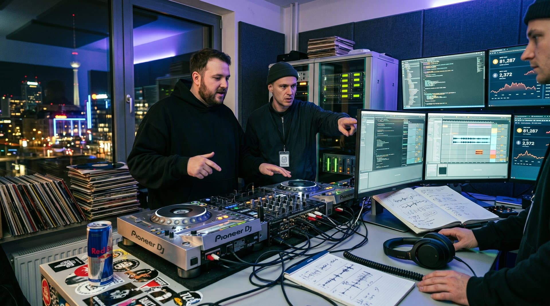 Futuristisches DJ-Studio mit AI-Agenten-Screens, Crypto-Charts und Produktions-Tools unter Neon-Lichtern.