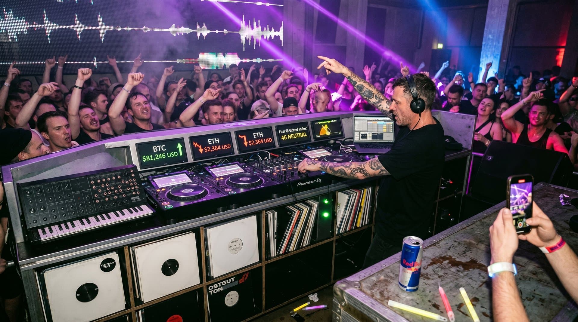DJ-Booth in Techno-Club mit Crypto-Trading-Screens, Turntables, Laser und Nebel